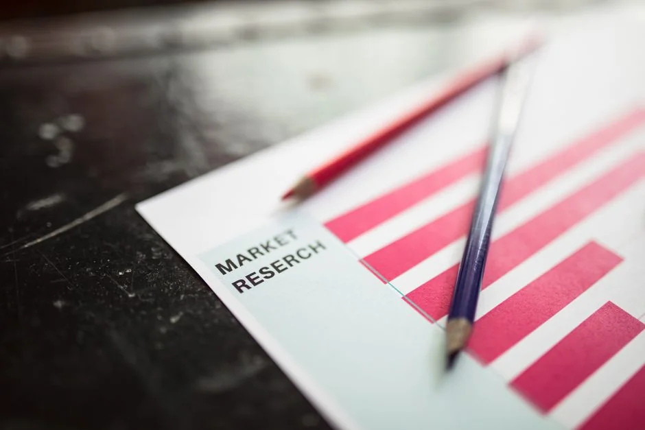 A detailed close-up of a market research document featuring a bar graph and a focus on market trends.